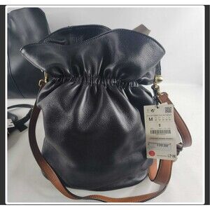 Zara Leather Bucket Drawstring Bag In Black New Flawed